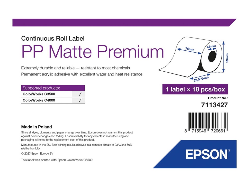 Epson Premium - Polypropylen (PP) - matt - permanenter Acrylklebstoff - Rolle (7,6 cm x 29 m)
