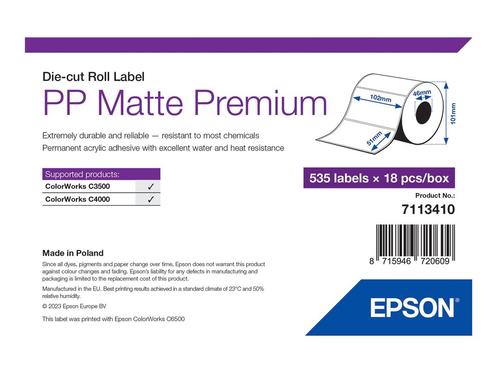Epson Premium - Polypropylen (PP) - matt - permanenter Acrylklebstoff - 102 x 51 mm 9630 Etikett(en) (18 Rolle(n)