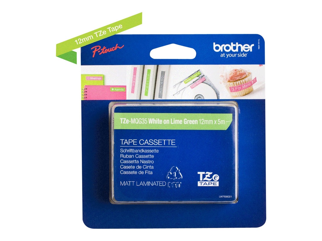 Brother TZe-MQG35 - Standard-Klebstoff - Weiß auf Limonengrün - Rolle (1,2 cm x 5 m)