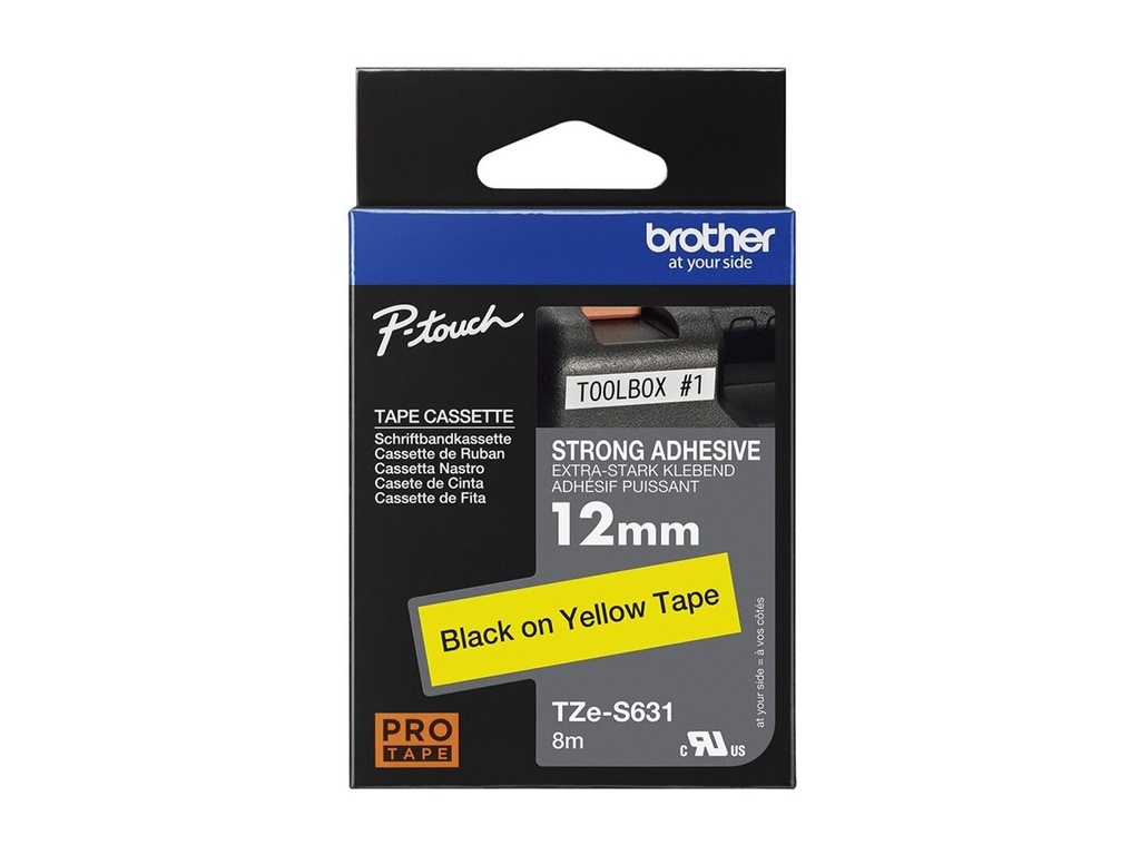Brother TZe-S631 - Extra starker Klebstoff - Schwarz auf Gelb - Rolle (1,2 cm x 8 m)