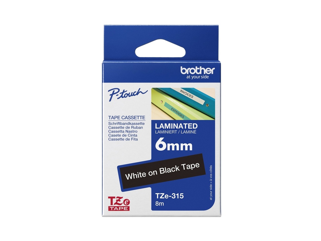 Brother TZe-315 - Standard-Klebstoff - Weiß auf Schwarz - Rolle (0,6 cm x 8 m)