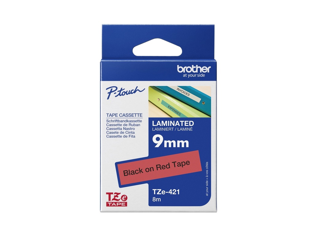 Brother TZe-421 - Standard-Klebstoff - schwarz auf rot - Rolle (0,9 cm x 8 m)