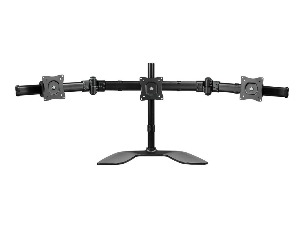 StarTech.com Dreifach Monitorhalterung - Schwenkbar - Stahl und Aluminium - für VESA Monitore bis zu 27 Zoll - 3fach Monitorarm - Aufstellung (Abschlusskappen, Stange, Bodenplatte, Querstange, Unterlegscheiben, Schrauben, Manschette, 2 Monitorarme, VESA-Halterung, 2 Griffschrauben)
