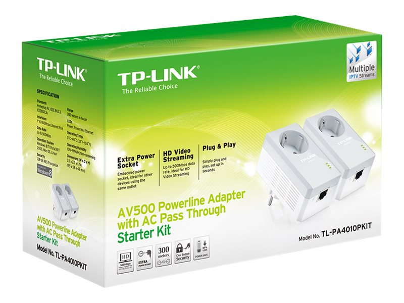TP-LINK TL-PA4010PKIT AV500+ Powerline Kit with AC Pass Through - Powerline-Adapter-Kit HomePlug AV (HPAV)