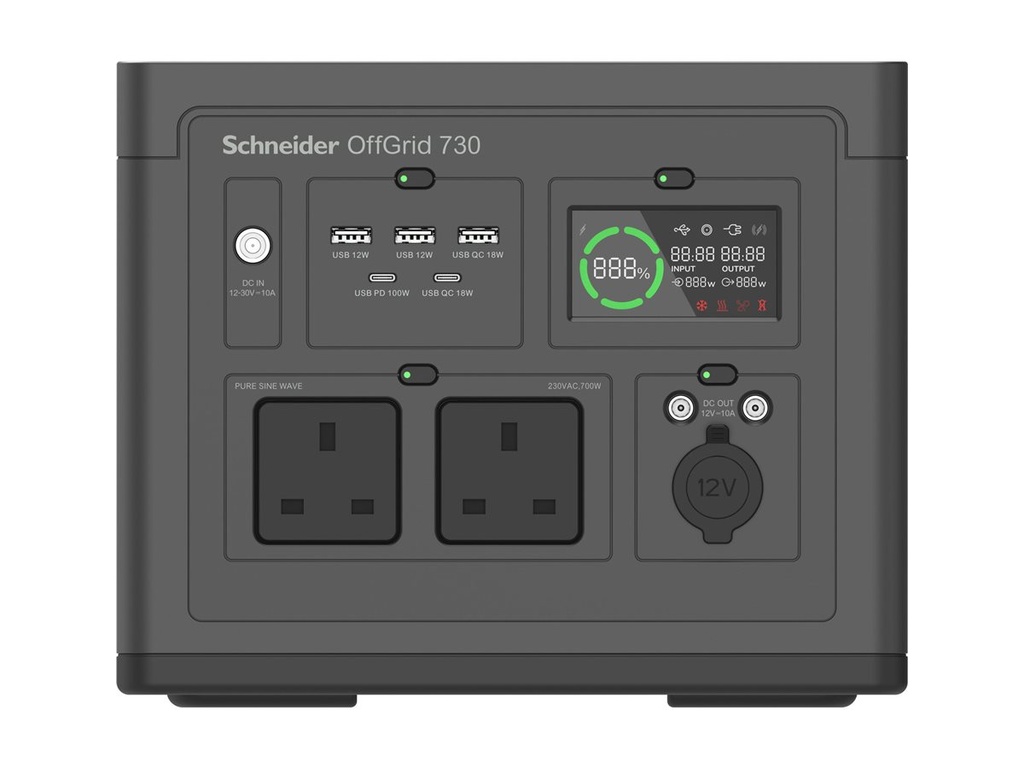 APC Schneider OffGrid 730 - Tragbares kraftwerk - LCD, 2 BS1363-Steckdosen, Sinuswelle, 3 USB-A, 2 USB-C, kabelloses Ladegerät
