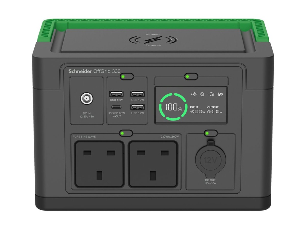 APC Schneider OffGrid 330 - Tragbares kraftwerk - LCD, 2 BS1363-Steckdosen, Sinuswelle, 3 USB-A, 1 USB-C, drahtloses Ladegerät