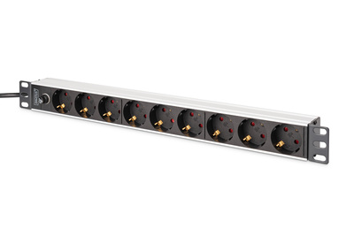 DIGITUS Steckdosenleiste mit Aluminiumprofil und Vorsicherung, 9-fach Schutzkontaktsteckdose, 2 m Zuleitung IEC C14 Stecker