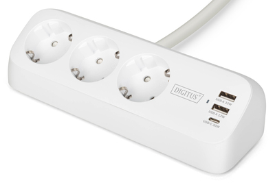 DIGITUS 3-fach Office-Steckdosenleiste mit 2x USB-A und 1x USB-C Anschlüssen, Weiß