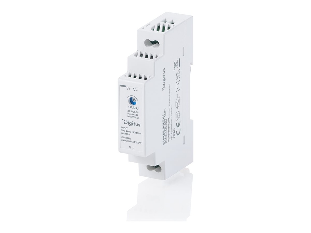DIGITUS 24V / 0.63A / 15W Step-Shape DIN-Rail Netzteil (Ultra-Slim, Class II)