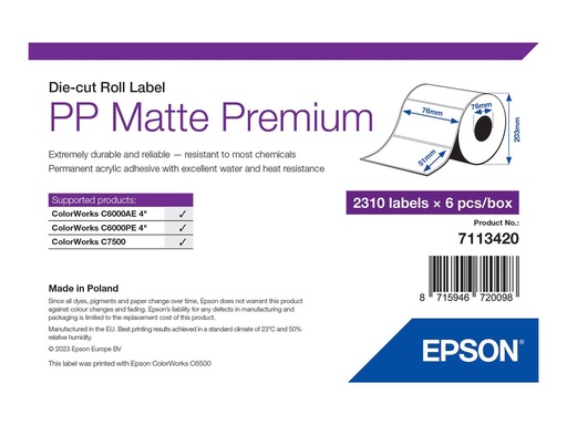 [7113420] Epson Premium - Polypropylen (PP) - matt - permanenter Acrylklebstoff - 76 x 51 mm 13860 Etikett(en) (6 Rolle(n)