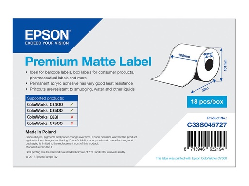[C33S045727] Epson Premium - Papier - matt - permanenter Acrylklebstoff - hochweiß - Rolle A6 (10,5 cm x 35 m)