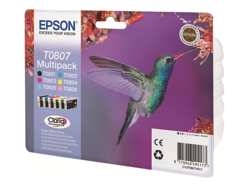 [C13T08074011] Epson T0807 Multipack - 6er-Pack - 44.4 ml - Schwarz, Gelb, Cyan, Magenta, hellmagentafarben, hell Cyan