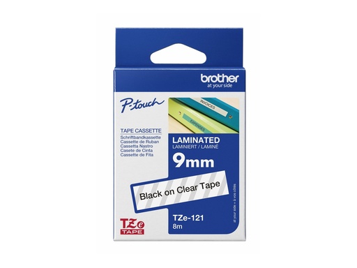[TZE121] Brother TZe-121 - Standard-Klebstoff - schwarz auf durchsichtig - Rolle (0,9 cm x 8 m)