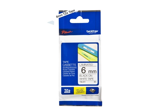 [TZE211] Brother TZe-211 - Standard-Klebstoff - Schwarz auf Weiß - Rolle (0,6 cm x 8 m)