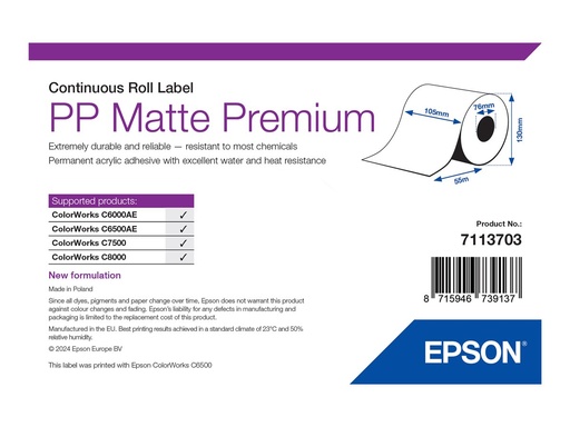 [7113703] Epson Premium - Polypropylen (PP) - matt - permanenter Acrylklebstoff - Rolle (10,5 cm x 55 m)