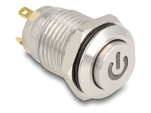 [20981] Delock Drücktaster - für 12 mm Installation, 4 x Lötanschluss, rote Stromsymbol-LED