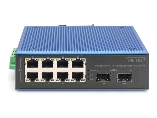 [DN-651147] DIGITUS Switch - industriell - 8 x 10/100 + 2 x Gigabit SFP - an DIN-Schiene montierbar - PoE+ (200 W)