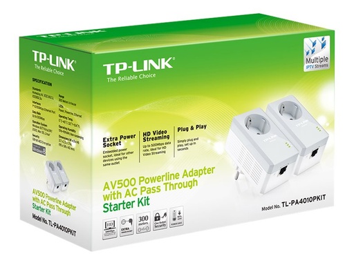 [TL-PA4010PKIT] TP-LINK TL-PA4010PKIT AV500+ Powerline Kit with AC Pass Through - Powerline-Adapter-Kit HomePlug AV (HPAV)