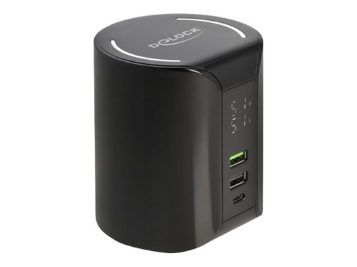 [41441] Delock Ladeschale für induktives Laden / Netzteil - 58 Watt - 3 A - Fast Charge, PD - 3 Ausgabeanschlussstellen (2 x USB, 24 pin USB-C)