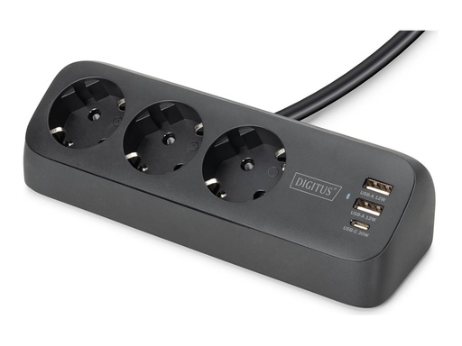 [DA-70625] DIGITUS 3-fach Office-Steckdosenleiste mit 2x USB-A und 1x USB-C Anschlüssen, Schwarz